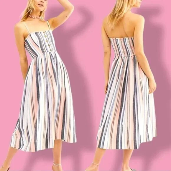 Free People Lilah Multi Striped Pleated Button Front Midi Dress Women's Small - Picture 9 of 12